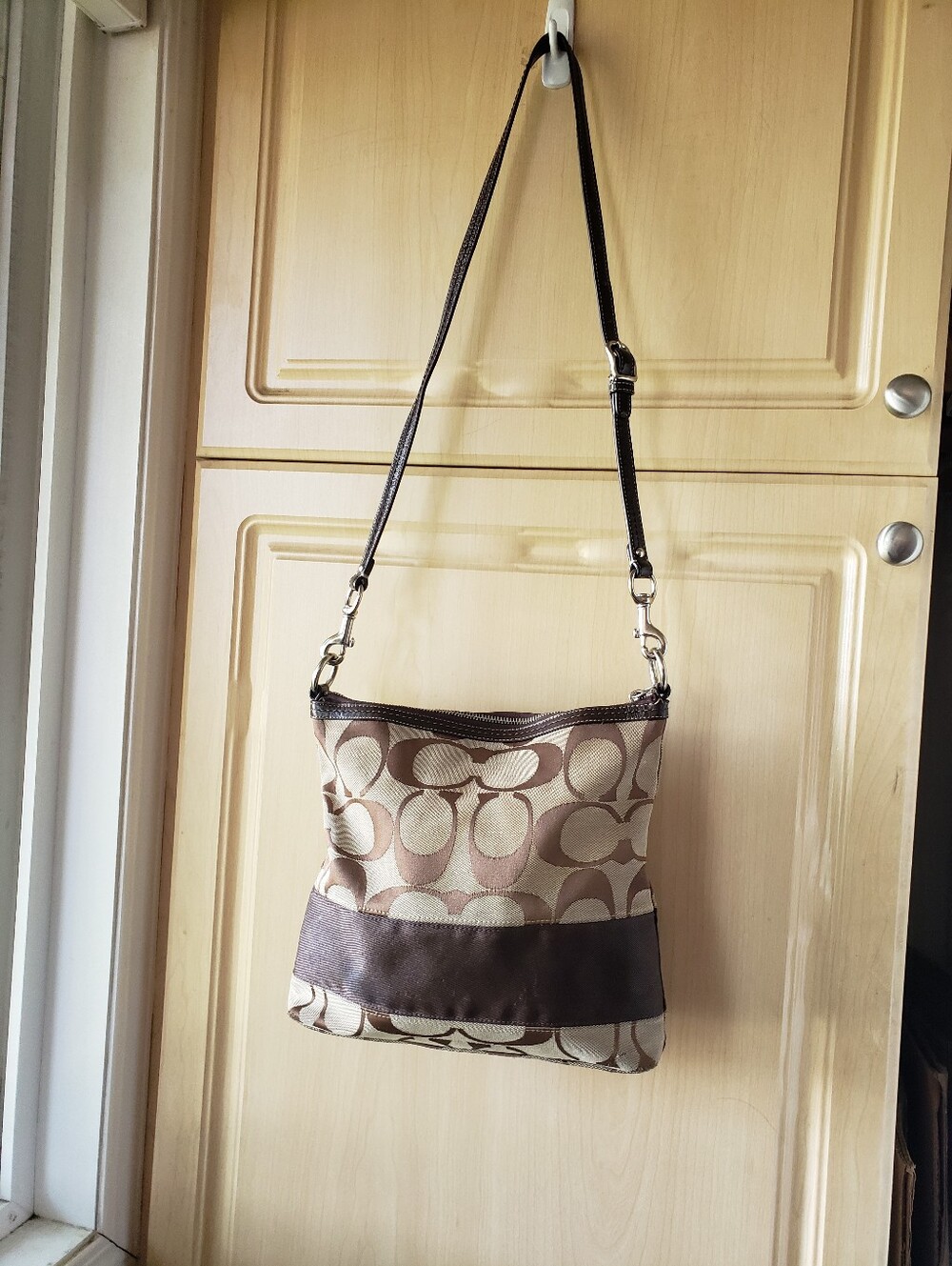 Coach Beige and Brown Signature Crossbody Shoulder Bag